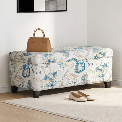  Upholstered Storage Ottoman Bench with Hinged Lid, Floral Fabric Accent Seat for Living Room or Bedroom, Blue