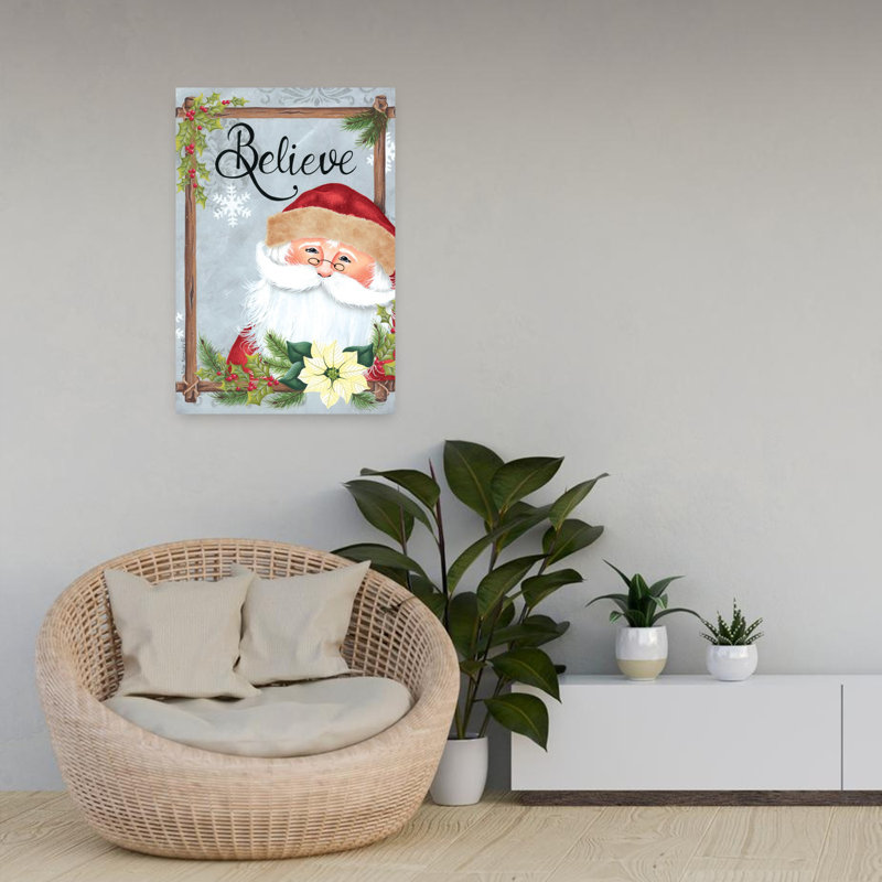 Père Noël dans un cadre fantaisiste, art contemporain de fleurs de poinsettia en hiver, H 24 po x l 16 po