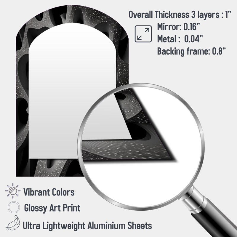 Through The Rabbit Hole Black White Maze III - Geometric Arch Wall Mirror, Black Asymmetrical Decorative Mirror, Printed Metal Art