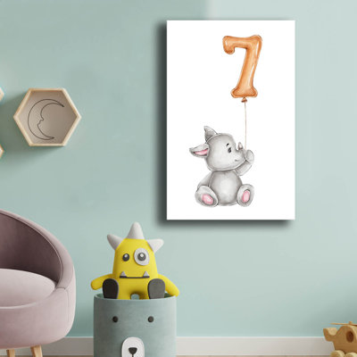 «Rhino with Number 7 Balloon Nursery Pine», art mural en toile - 17,7 po x 27,6 po