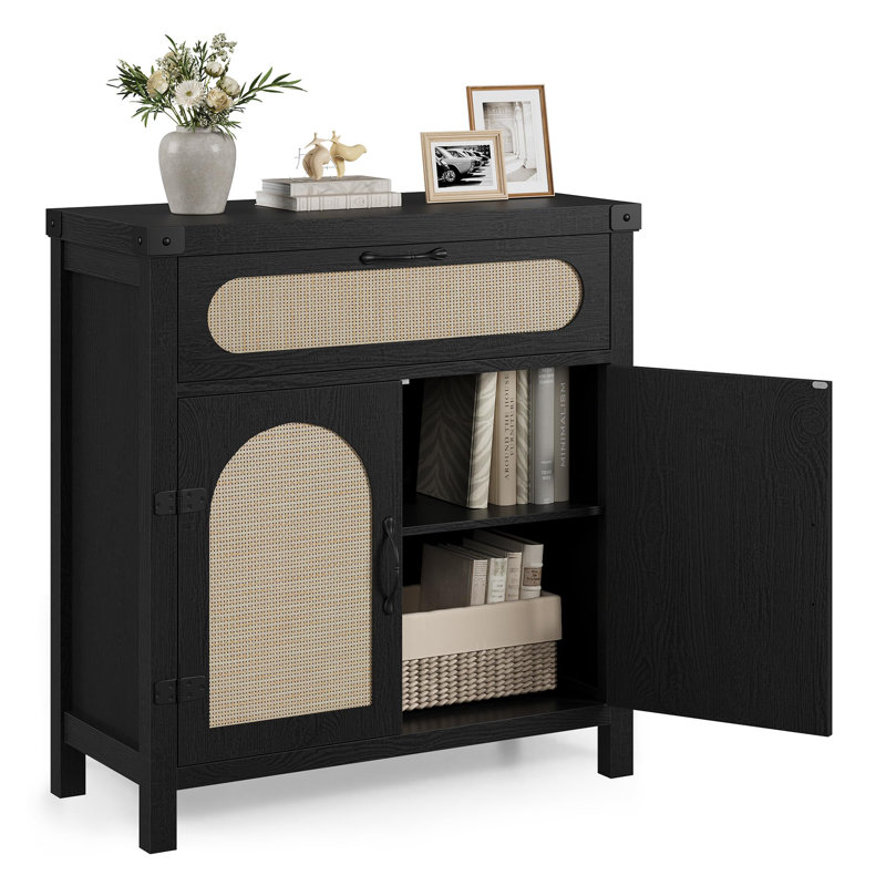 Compact Rattan Sideboard Cabinet with Drawer Adjustable Shelf Storage for Kitchen Dining Room Living Room and Entryway