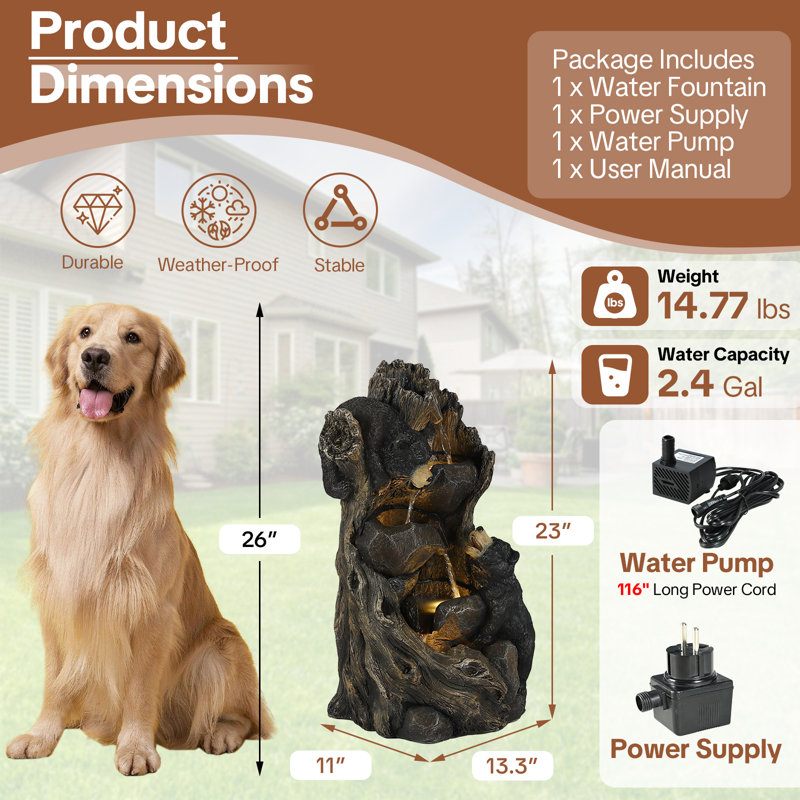  Outdoor Water Fountain, 23" H 5-tier Cascading Waterfall Fountain With Led Lights & Adjustable Pump, Climbing Bears Water Feature With Natural Rock & Wood Finish For Patio, Backyard & Deck