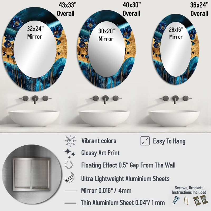 Décoration Buttercups Flowers and Safire Crystal Energy II - Miroir mural ovale bleu, 40 po x 30 po