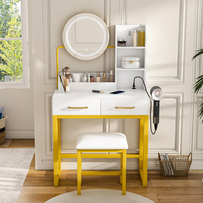 White Makeup Vanity Table, 3 - Color Switching Led Lights, 2 Big Storage Drawers, Metal Legs, Bedroom Vanity, Adjustable Power Socket, Chair, Dressing