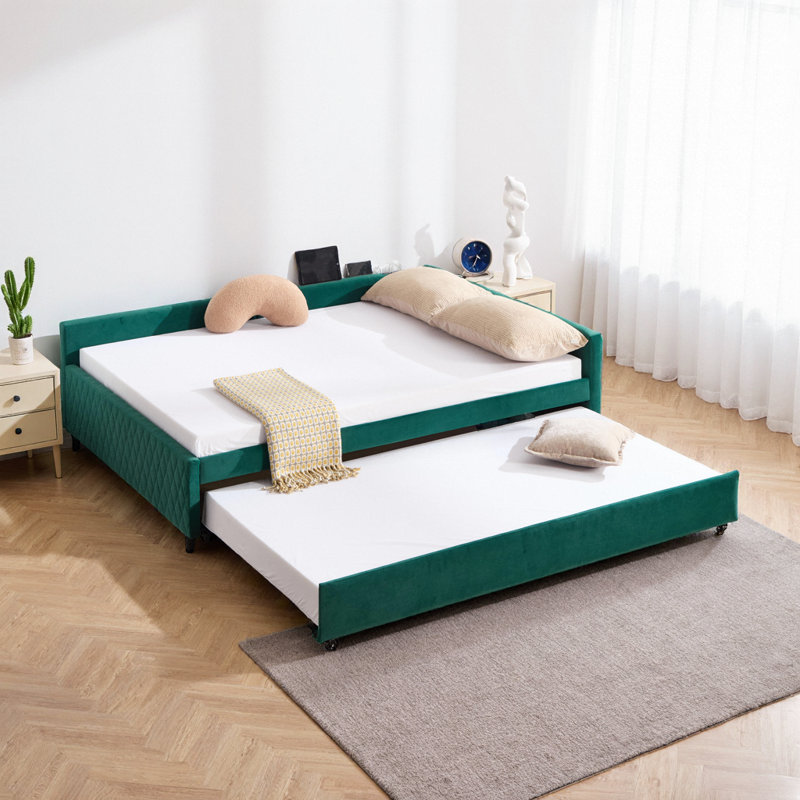 Emerald Velvet Diamond Grid Daybed with Trundle - Space-Saving Modern Sleeper for Bedroom & Guest Room, Emerald