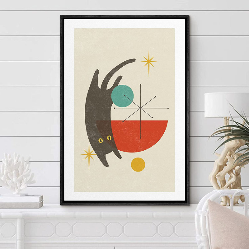 Dessin géométrique d'un symbole de chat noir, illustrations de formes d'animaux - peinture à cadre flottant sur toile, Noir