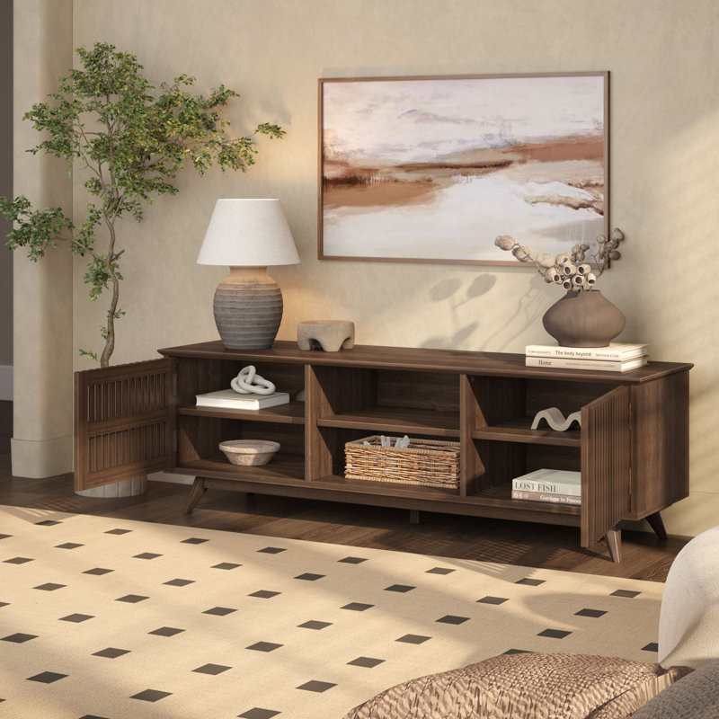 Solid wood Mid Century Modern TV Stand, 2 Door w/ Middle Shelf  (1495 x 406 x 482mm / 59 x 16 x 19in), Walnut