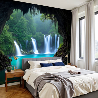 Peel and Stick Wallpaper Forest Waterfall Crystal Clear Water Cave tropical landscape Wall Murals 100"H x 144"W Removable PVC Wall Paper Self-Adhesive Wall Decor for Bedroom Living Room Home Office