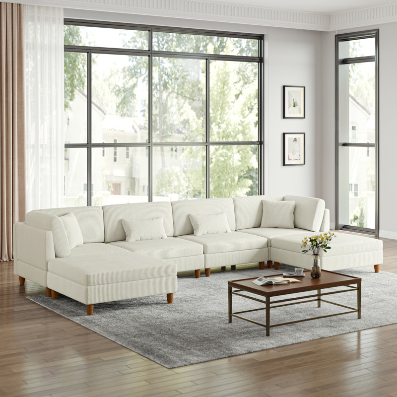 Seemab 6 - Piece Upholstered Sea Salt Gray Corduroy Modular Sectional with Pillow Back and Removable Ottoman, Sea Salt Gray