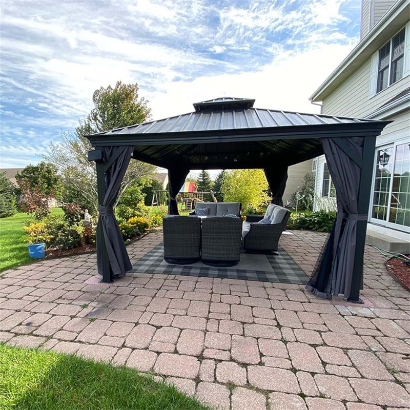 12'X12' Hardtop Gazebo Canopy,Outdoor Aluminum Gazebo With Galvanized Steel Double Roof,Permanent Gazebos With Drainage System,Curtain And Netting Included,Grey