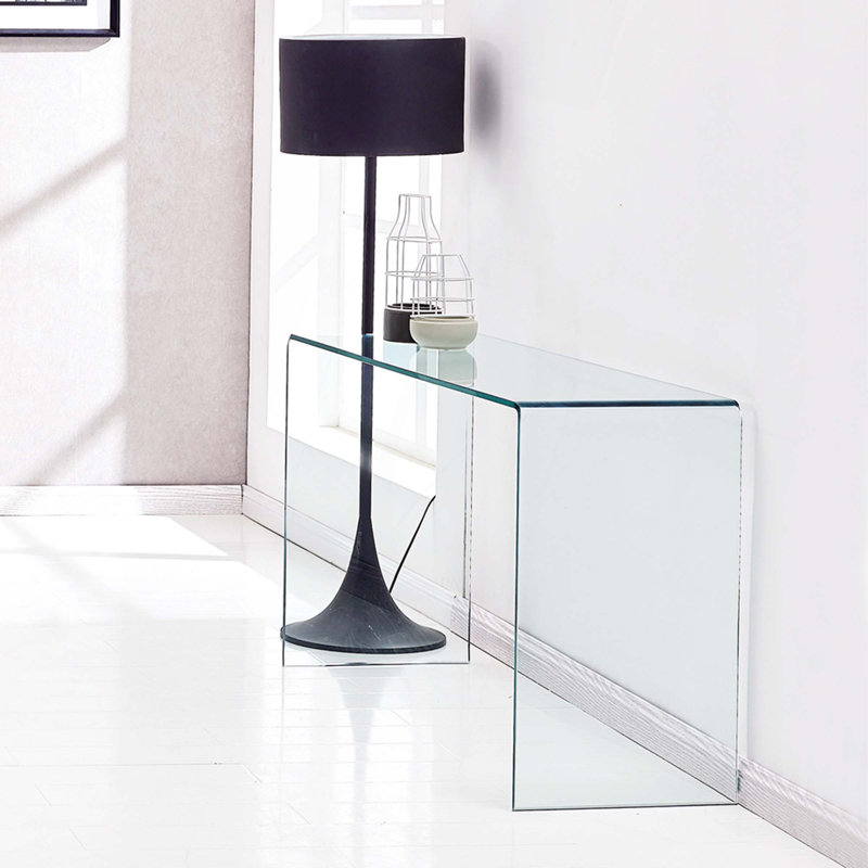 Console en verre, console en verre trempé transparent avec bureaux à bords arrondis, table de canapé