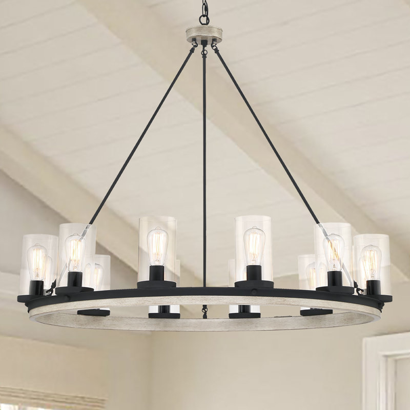 Lustre en roue de chariot à 12 lumières avec détails en bois Covington, Chêne patiné
