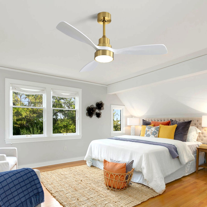 48 Inch Wood Ceiling Fan With 3 Solid Wood Blades Remote Control Reversible Dc Motor For Living Room, Gold, White