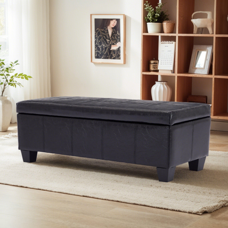 Banc de rangement rectangulaire rembourré avec repose-pieds et tabouret, Noir, noir, noir, noir