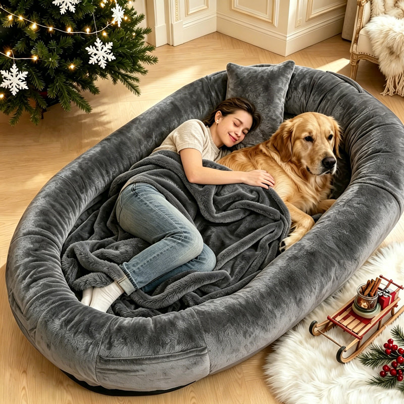Très grand lit pour chien 71 po pour adultes avec couverture et oreiller 71 po, Gris foncé