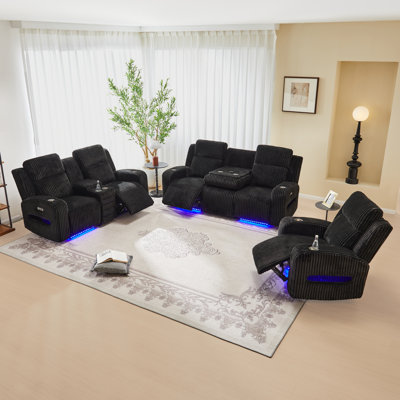 Sizemore 3 Piece Reclining Corduroy With Storage Cup Holder And Bluetooth Speaker Led Light Living Room Set