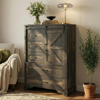 Armoire de rangement 47 po avec porte de grange coulissante, 5 tiroirs et rangement dissimulé pour chambre à coucher, salon, entrée, salle à manger 47 po