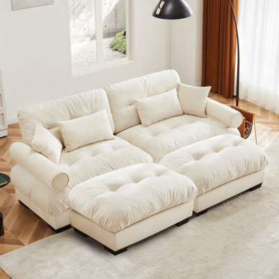Over Size Modern Two-Seater Sofa With Ottoman, Velvet 2-Seater With Round Bolster Armrests,With Waist Pillow And Throw Pillows,Reading Room, Loft And Bedroom