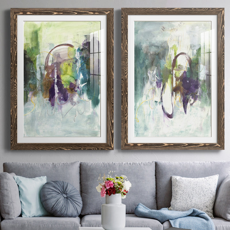 «Moving on I» - ensemble de 2 peintures encadrées, H 20 po x l 17 po x P 1 po, Encadré de bois de noyer