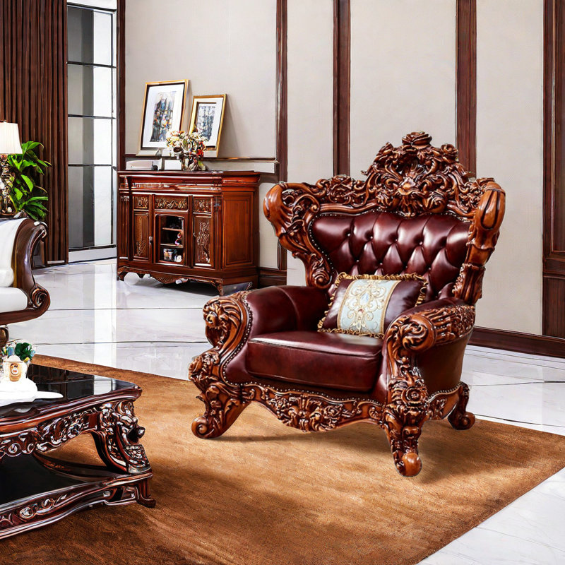 Fauteuil de style européen en bois massif sculpté avec canapé capitonné de 55,12 po de largeur