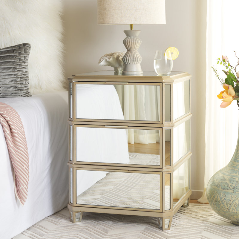 Elegant and Glamorous 18.9'' W Nightstand – French Antique Style 3-Drawer Mirrored Bedroom Storage