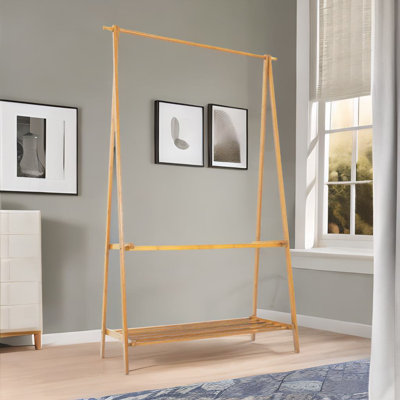 Anjola Bamboo Folding Open Wardrobe Garment Rail With Storage Shelf