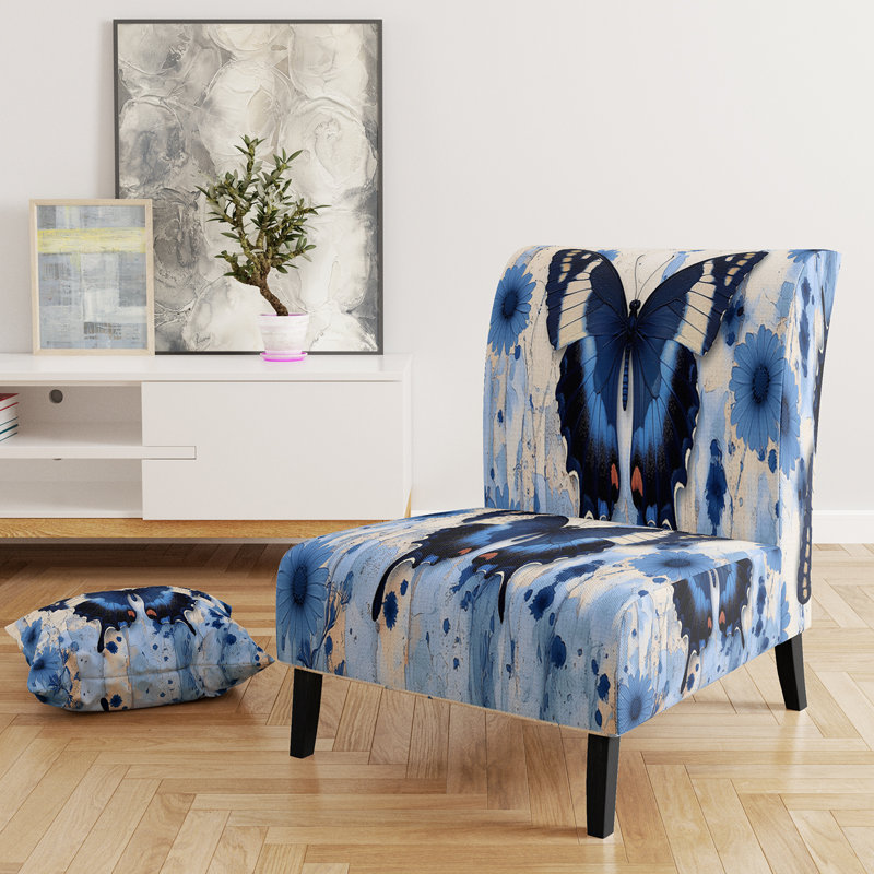 Abstract Colorful Upholstered Slipper Chair - Modern Velvet Accent Chair, Blue/Black