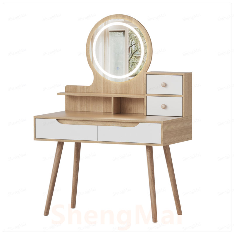 Ensemble de coiffeuse avec 3 miroirs lumineux réglables et pieds en bois massif, ensemble de coiffeuse avec 4 tiroirs et 3 tablettes ouvertes pour les petites chambres