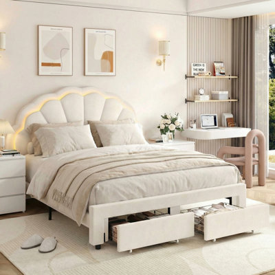 3-Piece Bedroom Sets, Modern Upholstered LED Bed With Drawer & 3-Tier White Nightstands
