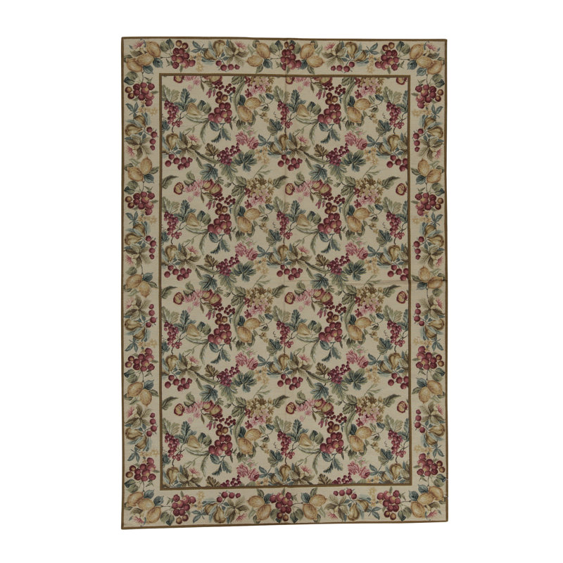 Tapis beige, vert et rouge noué à la main de haute qualité