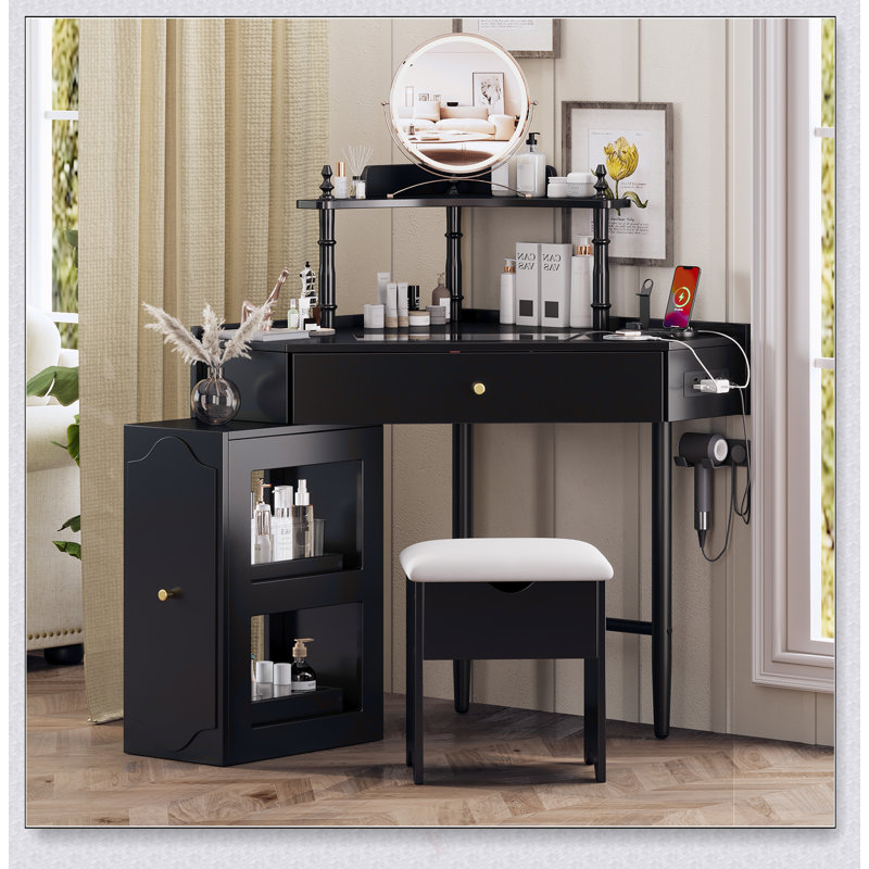 Corner Vanity Desk Set With Storage, Cushioned Stool, And Charging Station, Triangle Makeup Desk With Removable Pull-Out Side Cabinet