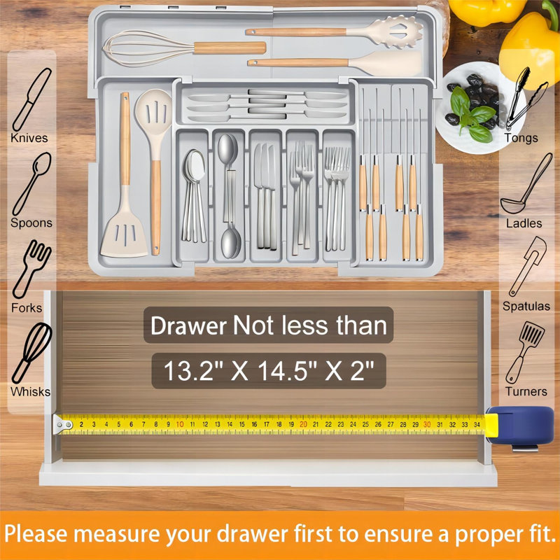 Organisateur de tiroir Silverware pour la cuisine, organisateur de tiroir ajustable pour ustensiles avec 2 porte-couteaux, couverts sans BPA et porte-couverts, rangement en plastique extensible pour cuillères, couteaux et fourchettes (gris)