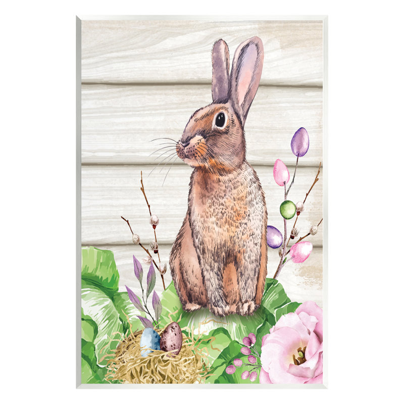 «Spring Flower Garden Country Rabbit Floater», art mural par ND Art, H 19 po x l 13 po x P 0,5 po, Bois