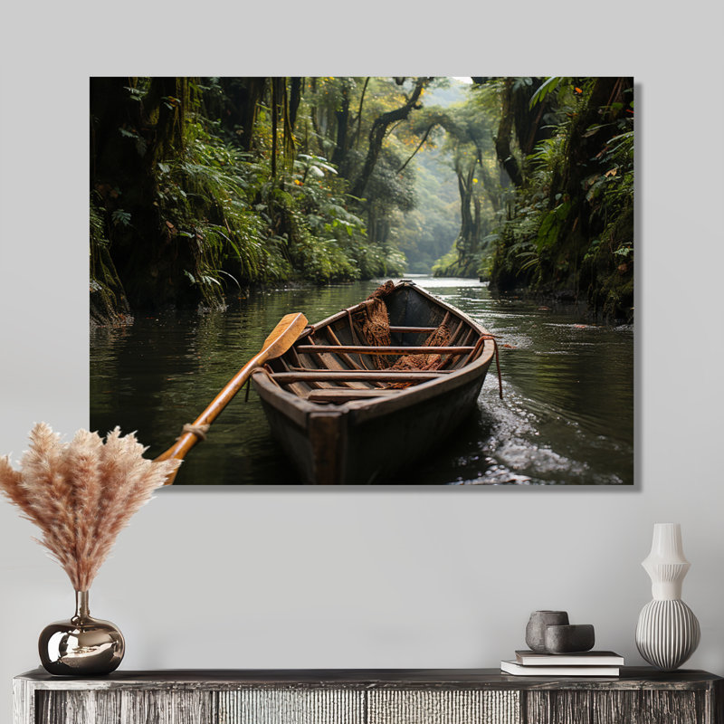 Dinghy in Amazon Jungle River - Art mural Jungle, Toile tendue, H 12 po x l 20 po
