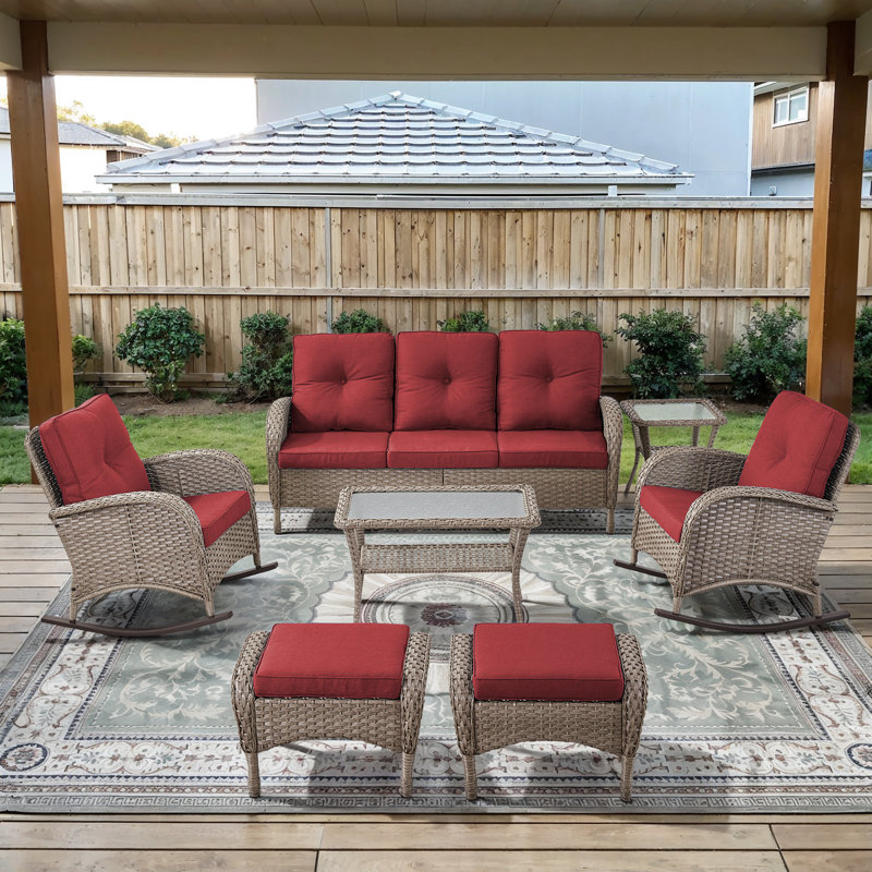 7-Pieces Outdoor Courtyard Wicker Sofa Conversation Set With Rocking Chairs, Red, Gray