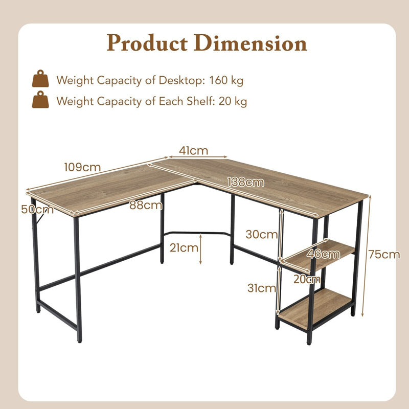 Amekia Modular L-Shaped Steel Computer Desk, Beige