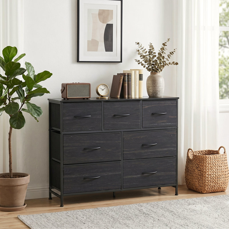 Dresser With 7 Drawers, Tall Dresser For Bedroom, Large Dresser Chest For Living Room, Black Wood