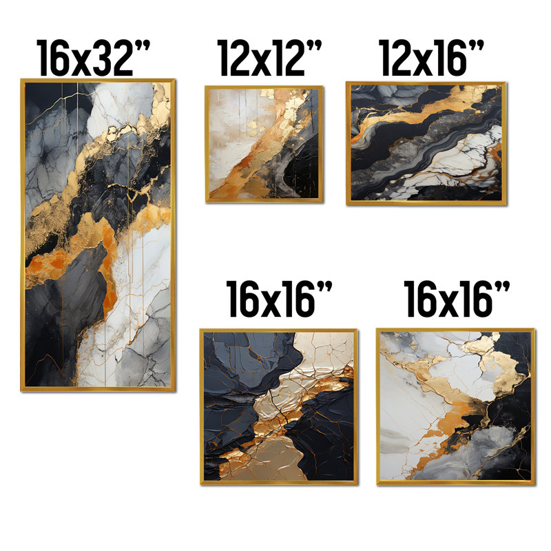 Minimalisme chrome or et orange poteries - ensemble de 5 reproductions d'art abstrait, Cadre flottant doré