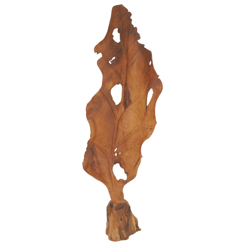 Brown Teak Wood Leaf Handmade Live Edge Decorative Sculpture, 19" x 10" x 62"