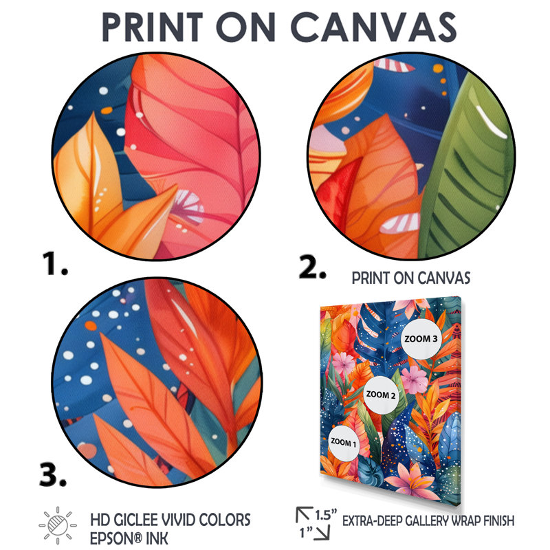«Botanical Orange Blue Palm Leaves - Palmiers et palmiers», art mural, H 24 po x l 32 po, Cadre flottant brun, bois massif