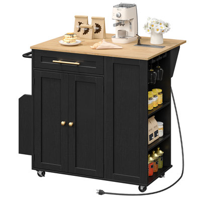 Kitchen Island With Extendable Table, Mobile Kitchen Cart With Charging Station, 2 Locking Casters, Adjustable Shelf & Storage Drawer by Ebern Designs