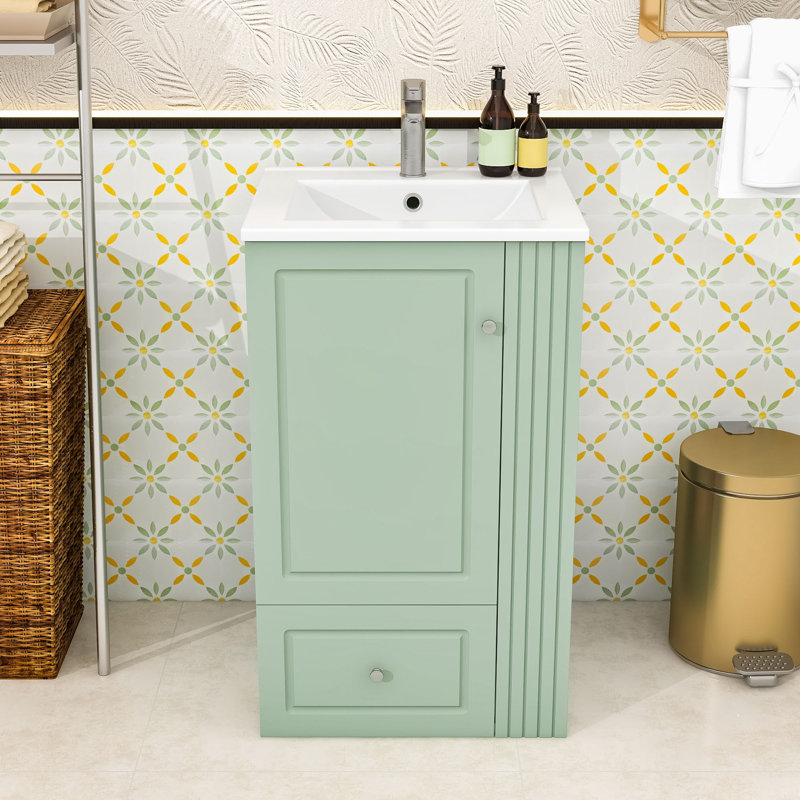 Meuble-lavabo autoportant compact avec lavabo, tiroir et tablettes ouvertes, Vert