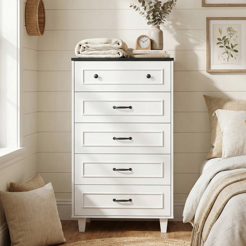Commode de style champêtre à 5 tiroirs, 70 cm de largeur, grand coffre de rangement pour chambre, salon, entrée, blanc