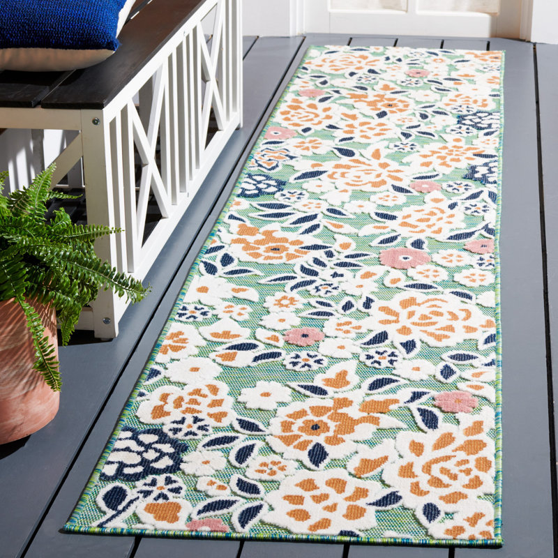 Savoy Floral Green/Navy/Pink Indoor / Outdoor Area Indoor/Outdoor Area Rug, Runner 2' x 9'