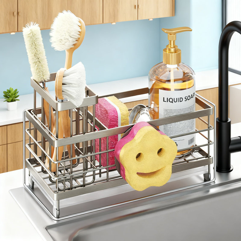Porte-éponge pour évier avec surface Smiley, drainage rotatif à 360 ° et porte-brosse amovible, organisateur d'évier de cuisine en acier inoxydable pour comptoir