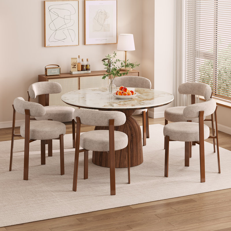 Adwin  6-Person 51.18" Round Pedestal Dining Table Set, 7 Pieces: Table, 6 Chairs, Beige