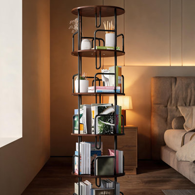 Bibliothèque de rangement pour chambre à coucher et salon à 5 niveaux, rotative à 360 degrés, fabrication en bois aggloméré et en fer, finition brune, présentoir vertical étroit