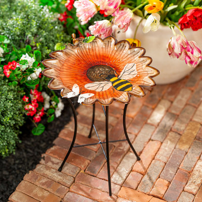 Bain d'oiseaux en métal 16,5 "avec support, tournesol et abeille