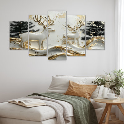 Blanc et or pin, cerf, montagne brumeuse I - ensemble d'art mural animal cerf