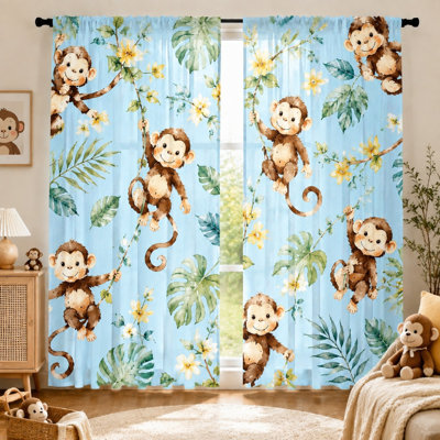 2Pcs Cute Monkey Climbing Tree Curtains with Tropical Leaves and Flowers Print, Whimsical Jungle Theme, Decorative Window Panels, Ideal for Room, Playroom, Decoration, Rod Pocket Hanging, Light Filtering Fabric